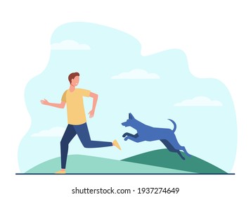 Scared man running away from dog. Dangerous animal chasing person flat vector illustration. Stray dog danger concept for banner, website design or landing web page