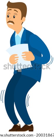 Scared man shakes knees from fear. Emotions and body language concept. Male character is terrified or shocked due to seeing something frightening. Businessman is trembling because of fright