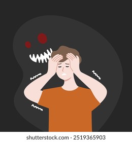 Scared man shivering with horror dark shadow behind. Panic disorder, mental health, anxiety, phobia, psychological problem concepts. Flat vector character design isolated illustration.