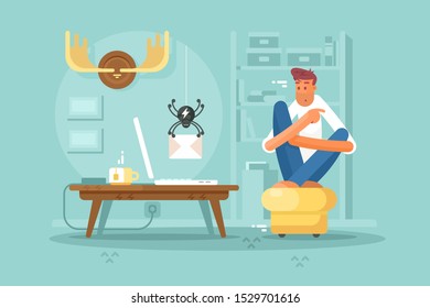 Scared man and spider virus with letter. Hacking mail attack concept. Flat. Vector illustration.