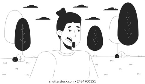 Hombre asustado en el parque de verano ilustración plana de dibujos animados en blanco y negro. Hombre europeo sorprendido que expresa emociones negativas 2D lineart personaje aislado. Escena monocromática perdida en el bosque Vector contorno