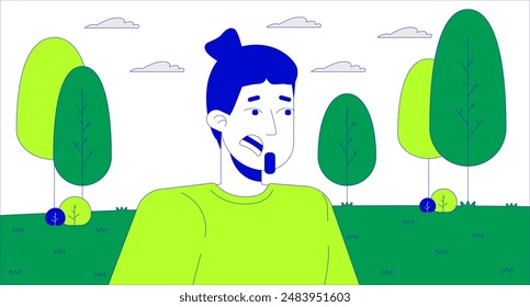 Scared man in summer park cartoon flat illustration. Shocked european male expressing negative emotions 2D lineart character isolated on white background. Lost in forest scene vector color image