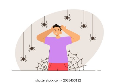 Scared man surrounded by spiders and web. Person with arachnophobia. Phobia, psychological problem, anxiety and mental health concept. Modern flat vector illustration