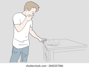 Scared man to take incoming phone call. Hand drawn style vector design illustrations