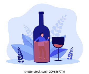 Hombre asustado atrapado en una enorme botella de vino. Contenido alcohólico de la botella de vino, ilustración plana vectorial de la copa de vino. Alcohol, alcoholismo, concepto de adicción para banner, diseño de sitios web o página web de aterrizaje