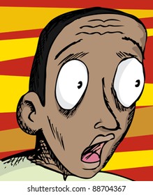 Scared man with wide eyes over jagged red background