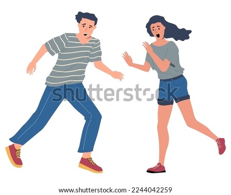 Scared man and woman. Isolated cartoon flat isolated people. Frightened girl. Startled boy. Negative emotion expression. Worried characters. Shocked female. Panicked male vector terrified set Stockfoto © 