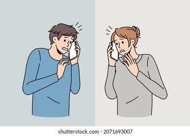 Scared Man And Woman Talk On Cellphone Feel Anxiety With Communication. Frightened People Have Smartphone Call, Afraid Of Public Speaking. Introvert Communicate. Vector Illustration. 