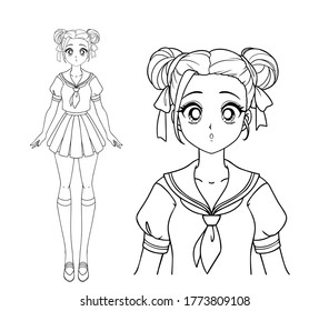 Scared manga girl with and two pigtails wearing japanese school uniform. Hand drawn vector illustration. Isolated on white background.