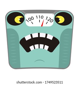 Scared mechanical bathroom scale with big weight on the dial. Concept obesity and unhealthy lifestyle. Cartoon character. Scale with fright on the face from overweight. Vector illustration.