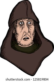 Scared medieval man with hood on isolated background