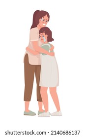 Scared mom and daughter semi flat color vector characters. Standing figures. Full body people on white. Crying, terrified family simple cartoon style illustration for web graphic design and animation