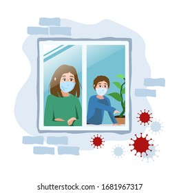 Scared mother and son in a medical mask quarantined at home. Self-isolation during an epidemic. Coronavirus protection. Illustration of prevention from virus pneumonia. Stay at home stay safe