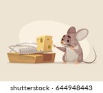 Scared mouse character trying to get cheese out of mousetrap. Vector flat cartoon illustration