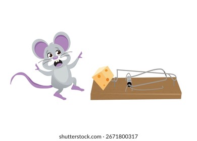 Verängstigte Maus mit Mausefalle, Vektorgrafik.
