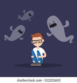 Scared nerd surrounded by ghosts / flat editable illustration