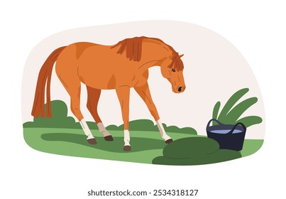 Assustada reação nervosa do cavalo a objeto desconhecido, balde novo. Comportamento equino ansioso, cuidado. Medo de garanhão, medo, psicologia animal. Ilustração de vetor plano isolada no plano de fundo branco