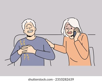 Scared old woman call ambulance worried about mature husband heaving heart attack. Terrified grandmother ring hospital emergency for grandfather suffer from infarct. Vector illustration. 