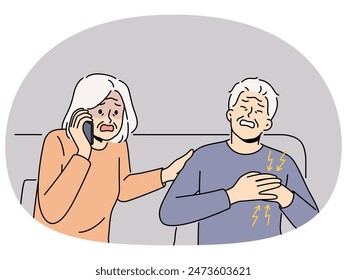 Scared old woman call ambulance worried about mature husband heaving heart attack. Terrified grandmother ring hospital emergency for grandfather suffer from infarct. Vector illustration.