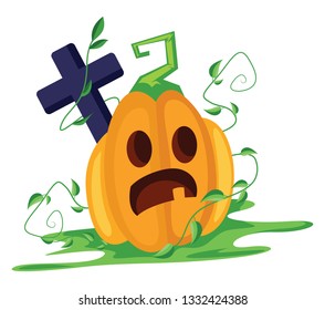 Geruchener orangefarbener Kürbis mit blauem Kreuz auf weißem Hintergrund, Vektorgrafik.