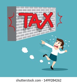 Scared panick businesswoman ran away from the big tax word, illustration vector cartoon
