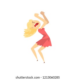 Scared and panicked girl screaming desperately, emotional young woman afraid of something vector Illustration on a white background