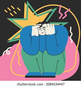 Scared or panicked man holding hands on head. Phobia, panic attack, psychological problems. Mental health or disorder concept. Hand drawn vector colorful cartoon style illustration