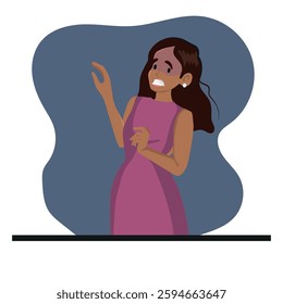 scared panicked woman trying to protect herself, vector illustration.