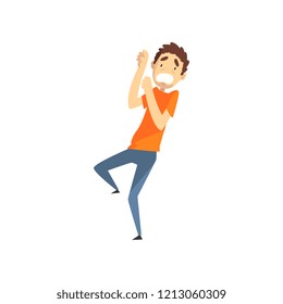Scared and panicked young man, emotional guy afraid of something vector Illustration on a white background