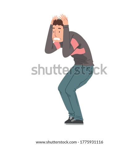 Scared and Panicked Young Man Holding Hands on Head, Anxiety or Panic Attack, Stressed or Depressed Nervous Person Vector Illustration