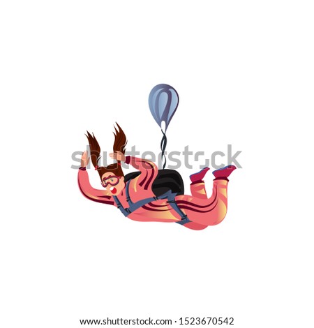 Scared parachuting girl falling with a blue parachute and screaming. Vector illustration in a flat cartoon style.