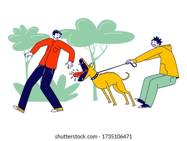 Scared Passerby Male Character Dash Aside of Dog Attack him in Park. Owner Holding Aggressive Pet on Leash. Animal Barking and Trying to Bite Man Walking on Street. Linear People Vector Illustration