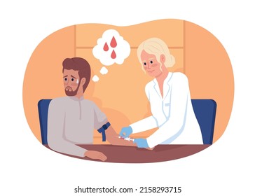 Scared Patient At Blood Collection Procedure 2D Vector Isolated Illustration. Doctor And Patient Flat Characters On Cartoon Background. Hospital Colourful Scene For Mobile, Website, Presentation