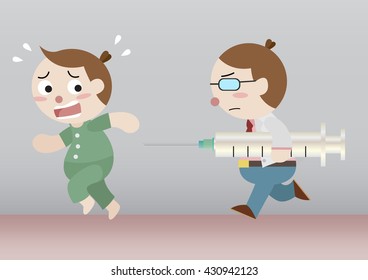 scared patient run away from doctor who hold very big syringe cartoon vector