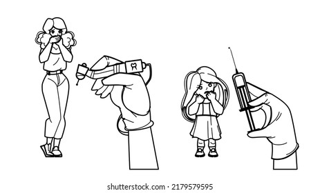 scared patient vector  woman kid girl afraid dentist syringe  hospital fear  dental scare scared patient character  people black line pencil drawing vector illustration