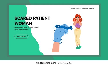 Scared Patient Woman Vector. Afraid Dentist, Doctor Fear, Dental Hospital Scared Patient Woman Web Flat Cartoon Illustration