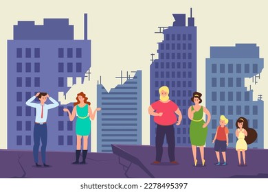 Scared people after earthquake vector illustration. Men, women and children looking at destroyed buildings. Earthquakes in Turkey, Syria. Growth of seismic activity, natural disaster, crisis concept