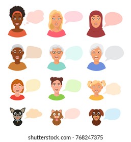 Scared people face with speech bubbles vector frightened woman or girl characters scary in panic and afraid nervous girl, woman, cat and dog animals facial illustration isolated on white background