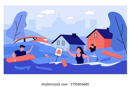 Scared people in flooded suburb street. Houses, cars, rubbish floating on water. Vector illustration for natural flood disaster, tsunami, emergency, river overflow concepts