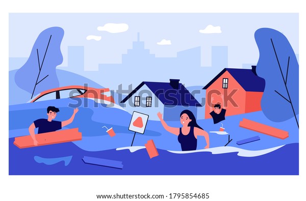 Scared people in\
flooded suburb street. Houses, cars, rubbish floating on water.\
Vector illustration for natural flood disaster, tsunami, emergency,\
river overflow concepts
