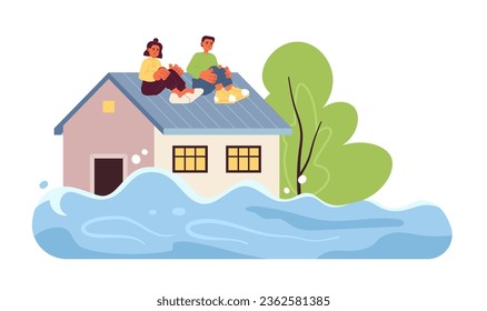 Scared people on flooded house roof flat concept vector spot illustration. Deep water. Rescue operation for 2D cartoon characters on white for web UI design. Isolated editable creative hero image