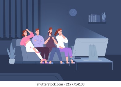 Scared People On Sofa. Friends Watching Horror Movie On Home Tv, Afraid Couples Look Television Film Thriller Together In Dark Room, Watch Scary Cinema Vector Illustration Of Tv Fear Entertainment