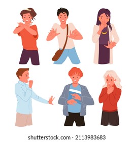 Scared people set vector illustration. Cartoon adult and teen persons with fear and panic on face, nervous man and woman with problems, shock and phobia, frightened characters isolated on white