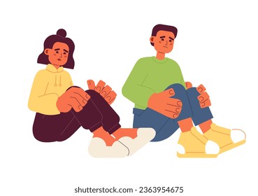 Personas asustadas sentadas con personajes vectores de color plano. Enfrentar la emoción. Depresión y ansiedad. Personas con cuerpo completo editable en blanco. Ilustración simple de dibujos animados para el diseño gráfico web