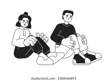 Scared people sitting monochromatic flat vector character. Face emotion. Depression and anxiety. Editable thin line full body person on white. Simple bw cartoon spot image for web graphic