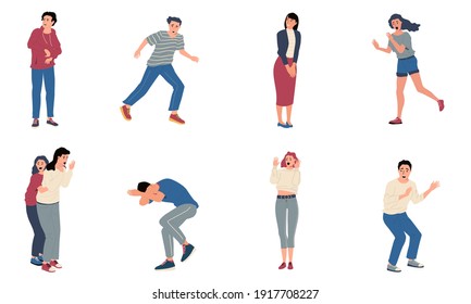 Scared People. Stressed Surprised And Shocked Persons With Nervous Reactions. Anxious And Afraid Cartoon Characters. Frightened Men Or Women Screaming In Horror. Vector Scenes Set Of Panic Attacks