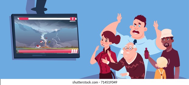 Scared People Watching News About Twisting Tornado Hurricane In USA Storm Waterspout In Countryside Natural Disaster Concept Flat Vector Illustration