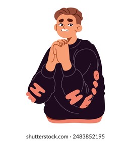 Scared person with anxiety facial expression. Nervous teenager has panic attack for fear. Anxious boy with stress, afraid emotions on face. Flat isolated vector illustration on white background