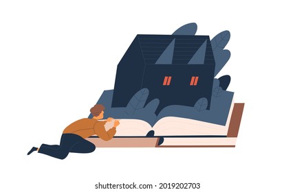 Scared Person Reading Horror Fiction Book. Reader With Creepy Literature. Frightened Man And Fascinating Plot Of Thriller. Imagination Concept. Flat Vector Illustration Isolated On White Background