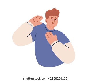 Scared person with shock and fear emotions. Terrified amazed man with afraid face expression. Horrified frightened guy startled with open mouth. Flat vector illustration isolated on white background